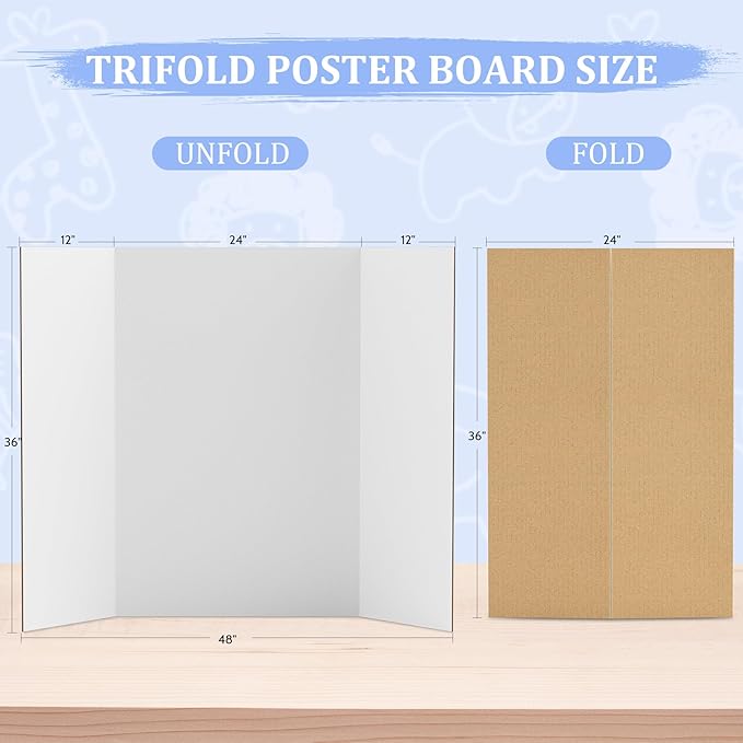 AKONEGE 4 Pack 36" x 48" Trifold Poster Board for Presentation, White Corrugated Cardboard Large Tri Fold Poster Board for Science Fair, Office & School Projects, Photo Displays, Exhibitions Event