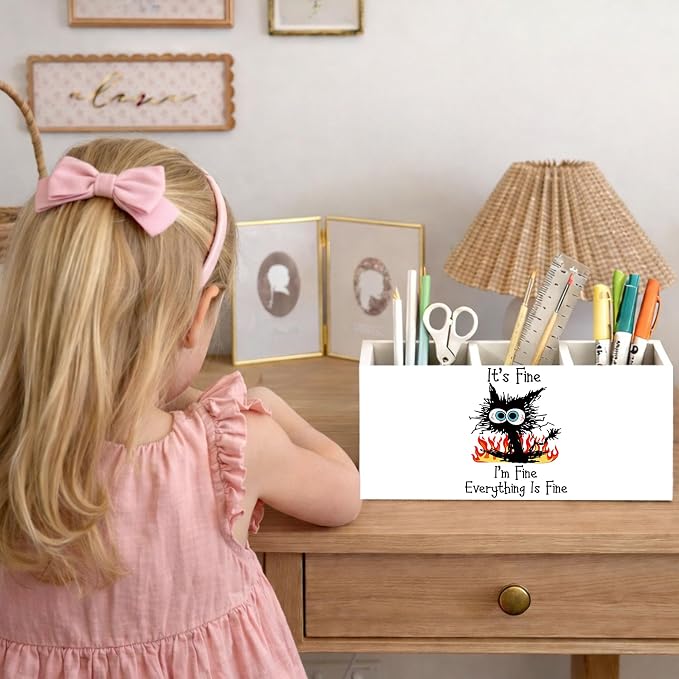 Funny Cat Pen Holder, Inch Desk Organizer, “It’s Fine, I’m Fine” Cat Illustration, Cute Desk Storage for Pens, Pencils, Scissors – Unique Gift for Cat Lovers, Teens, Students