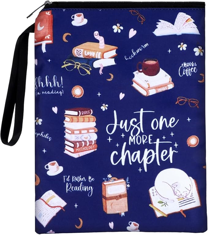 Waterproof Book Sleeve, Just One More Chapter Book Covers with Zipper and Front Pocket Washable Books Protector for Readers Lovers Gifts Books Accessories for Travel Vacation