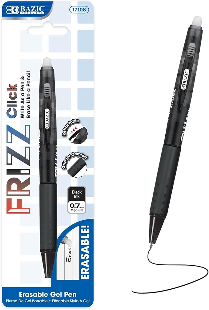 BAZIC PRODUCTS Frizz Retractable Erasable Gel Pens, 0.7mm Medium Point, Black Ink, Comfort Grip for Smooth Writing Drawing Planner, 24-Pack