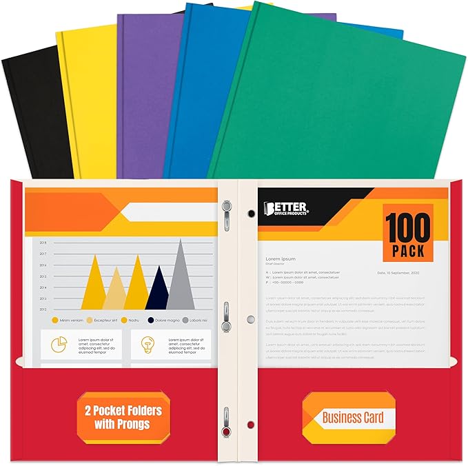 Letter Size Paper Portfolios by Better Office Products, Case of 100, Assorted Primary Colors, with Fasteners (Contemporary, 2 Pocket Paper Folders with Fasteners)