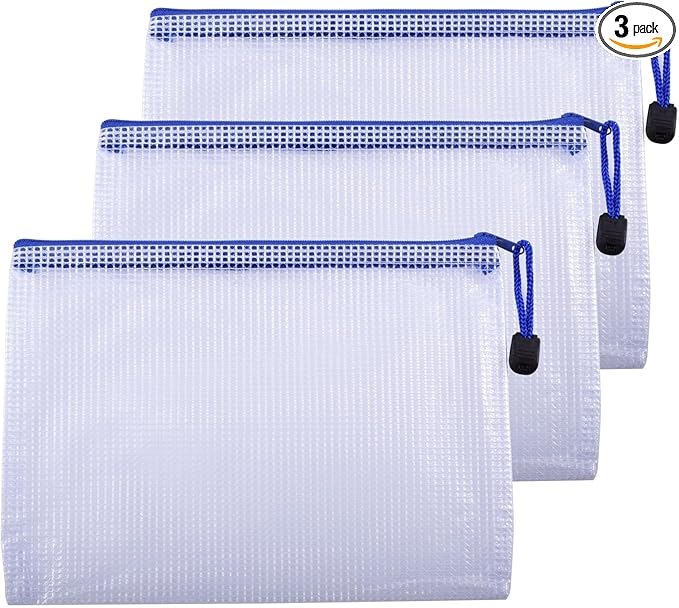 3 Pcs 9.25" x 6.69" A5 Sizes Mesh Zipper Pouch Bags, Mesh Bags with Zipper，Waterproof Clear document pouch for Organization Puzzles Travel, Office, Classroom Organization, A5 White