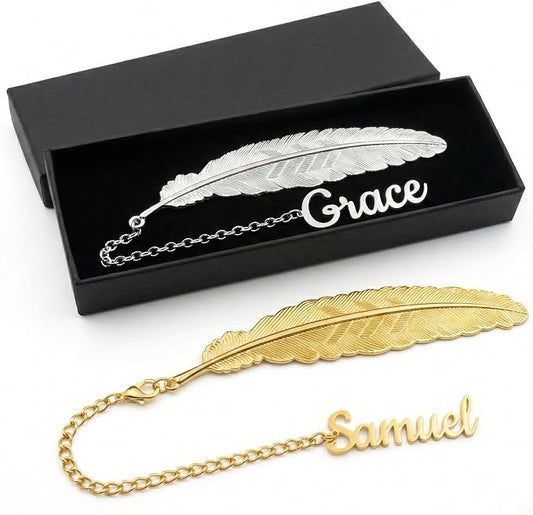 Custom Feather Bookmark Personalized Metal Bookmark with Name Pendant, Gold Silver Customized Gift for Bookworms, Teachers, Women Includes Gift Box
