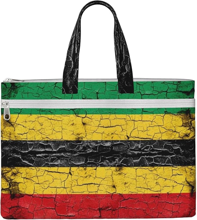 Foldable Canvas Zipper File Pouch Red Yellow Green Rasta Flag Stripes, Waterproof Document Storage Bag with Handle for Office Cross Stitch