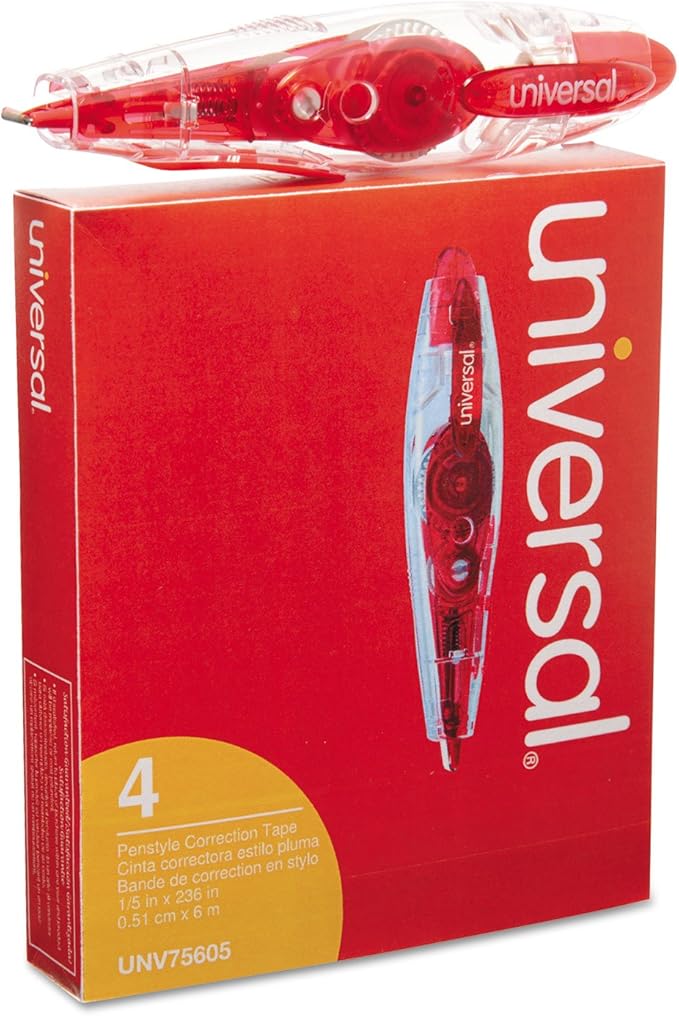 Universal 75605 Retractable Pen Style Correction Tape, 1/5-Inch x 236-Inch, 4/Pack