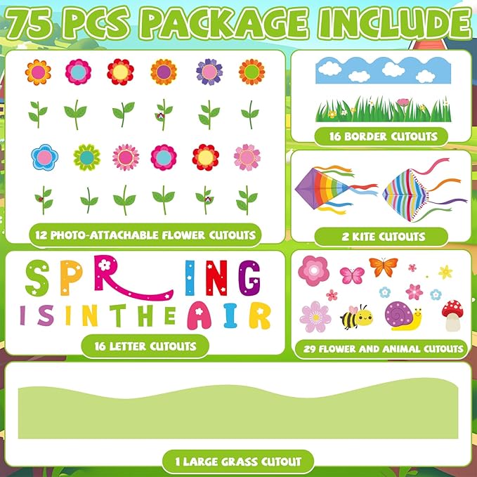Spring is in The Air Bulletin Board Set Colorful Floral Butterfly Photo Craft Cutouts Classroom Decorations Spring Theme Party Flower Kite Paper Cutouts for Classroom School Home Supplies