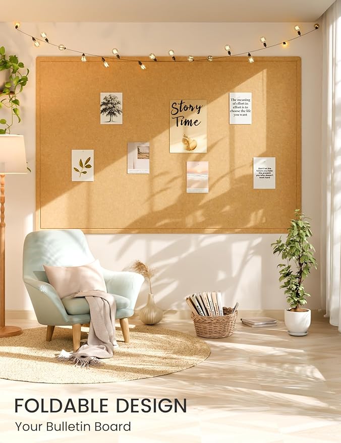 Fluxynara Large Bulletin Board, 70.8" x 47.2" Cork Board Alternative with 48 Safe Removable Adhesive Tabs, Foldable Felt Pin Board for Home Office, Classroom, Bedroom,Entryway for Walls—Mustard Yellow