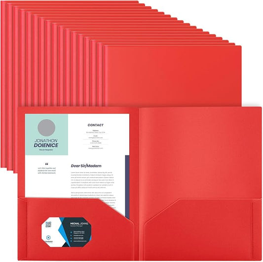 Gueevin 100 Pack Plastic Folder with Pockets, 2 Pocket Folders, Plastic Glossy Folders Fit Letter Size Paper, Heavy Duty Durable File Folder with Business Card for Home Office School (Red)