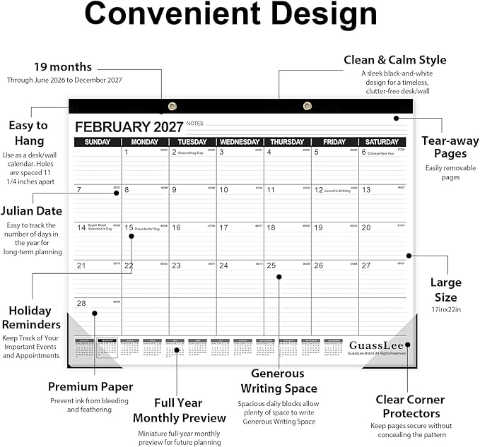 GuassLee Large Desk Calendar 2026, 3 Packs, 19 Months from Jun. 2026 to Dec. 2027, 22" x 17" Desk/Wall Calendar Hanging Planner with Julian Date, Notes, Corner Protectors for School Home Office