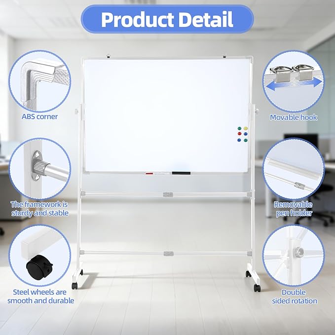 hatleues Magnetic Whiteboard with Stand- 36" x 24" Double-Sided Rolling White Board Mobile Dry Erase Board on Casters for Office, Classroom, Home & Presentations (40 x 28 Inch)