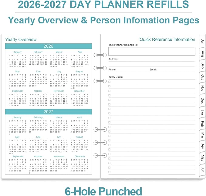 2026-2027 Planner Refills for A5 Binder - One Page Per Day Daily ＆ Monthly Planner, July 2026 - June 2027, Prioritized, To-Do List, Notes, Appointment Schedule, 6-Hole Punched, 5.8" x 8.3"