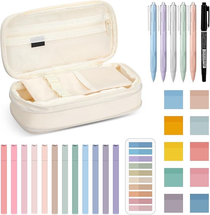 Jutom 39 Pcs Aesthetic Book Annotation Kit Highlighter with Pencil Case Bag Gel Pen Transparent Sticky Note Taking Bible Study College School Supplies(Cream,Cute Style)