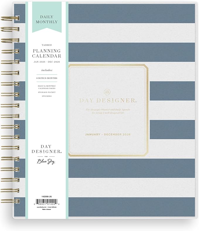 Blue Sky Day Designer 2026 Daily and Monthly Planner Calendar, January 2026 - December 2026, 8" x 10", Flexible Cover, Laminated Tabs, Includes Storage Pocket, Stickers, Rugby Stripe Navy