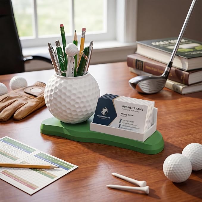 Tenceur Golf Ball Pen and Business Card Holder for Desk Organizer Funny Golf Gifts for Men Dad Father Husband Golfers Gift Mini Resin Desktop Ball Pen and Card Holder for Golfer Lover Gift Supplies