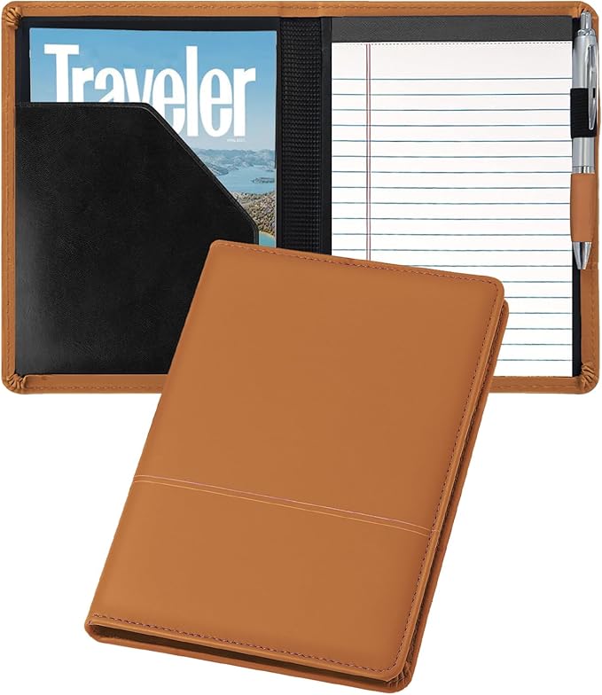 Classic Padfolio/Junior Portfolio Folder Case, Business A5 Binder Organizer Notepad for Men Women, 5 x 8 Writing Pad Included, Brown.