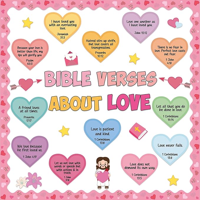 Valentine's Day Bulletin Board Decoration Colorful Heart Bible Verse Cutouts Valentines Jesus Religious Bulletin Board for Christian Valentine Office Chalkboard Sunday School Classroom Wall Decor