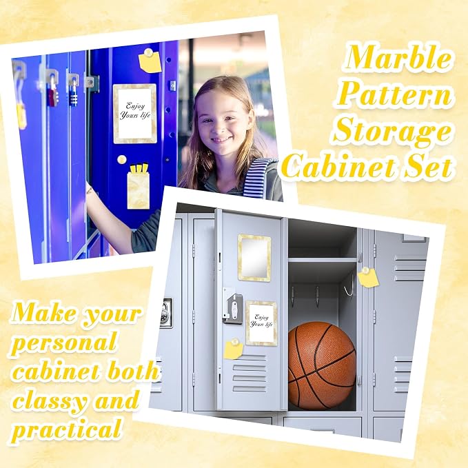 Magnetic Locker Marble Accessories Kit Pale Yellow Back to School Essentials Locker Organizer Supplies Include Mirror Whiteboard Pen with Holder Magnet Magnetic Buckle Back to School Essentials