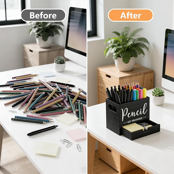 Pencil Holder with 1 Drawer, Multi-Functional Pen Holder for Desk, Desk Organizers and Accessories with 2 Compartments, Desktop Organizer for Office Home Art Supplies(Black)
