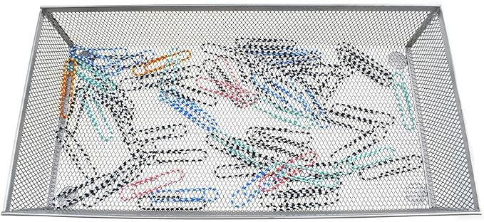 HAHIYO Stackable Mesh Tray Cup 12 x 6 x 2 inches Sturdy Container for Desk Drawer Organizer Collection for Home Office School kitchen Soft Foam Feet No Sharp Edges 1 Pack Silver