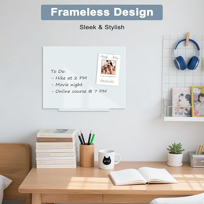 Magnetic Glass Whiteboard for Wall, 16" x 12" Glass Dry Erase Board, Frameless White Board for Home and Office - Normal White
