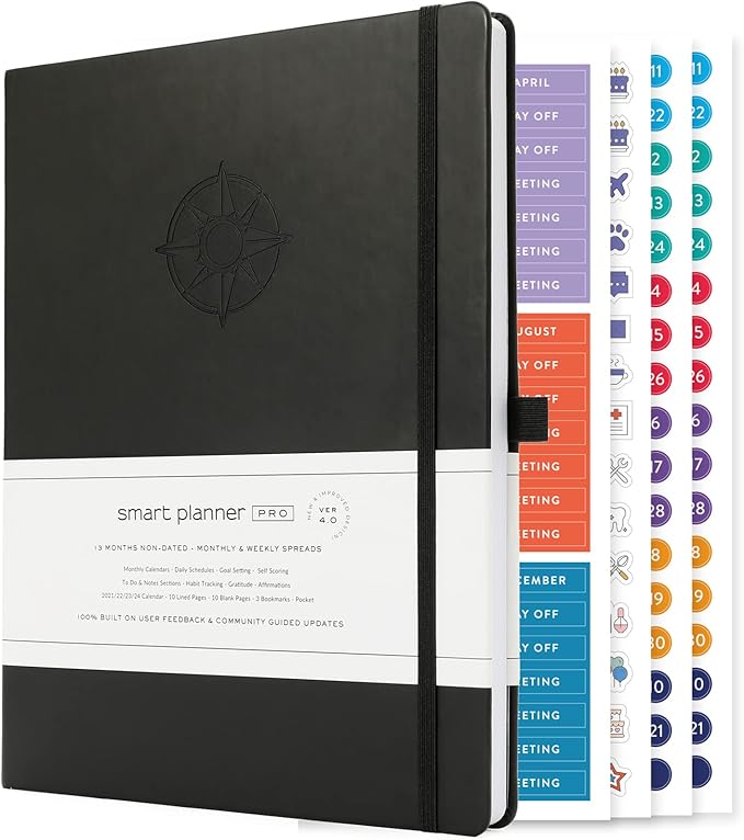 Smart Planner Pro – Undated Daily Planner – Large A4 – Achieve Goals & Increase Productivity with Weekly, Monthly, Work Sections - Organizer Diary with Back Pocket, 3 Satin Bookmarks & Pen Holder
