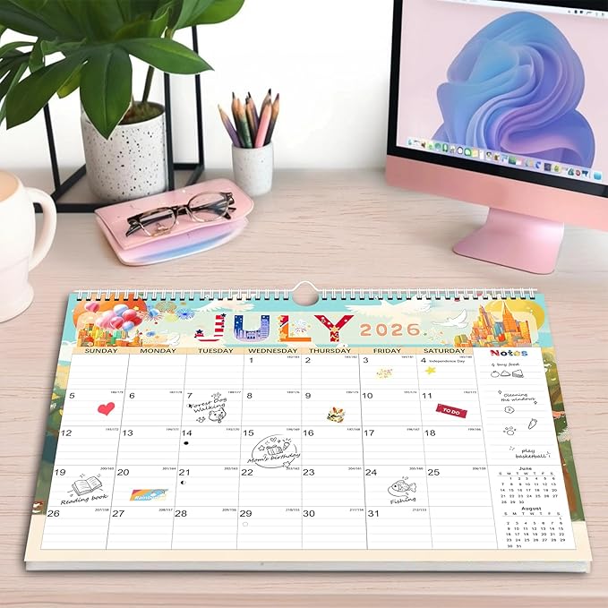 AECCN Calendar 2026-2027, 18 Months Wall Calendar 2026-2027 with Stickers, 17" x 12" Anti Ink Bleed, Durable Thick Paper, Seasonal Calendars for Home, Office, Student and Teacher Supplies- Colorful