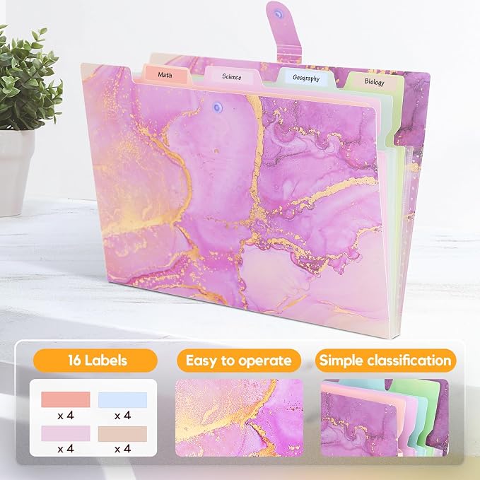 Expanding File Folder, Aesthetic Folders for School, Accordion File Organizer, Aesthetic Folder with Labels,5 Pockets Important Document Folders for School Office Home(Purple Gold)