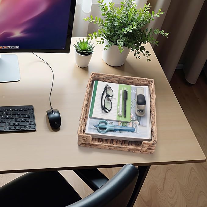 Water Hyacinth Letter Tray for A4 File Document Magazine Storage Basket Desk Tray Organizer for Office 13 x 9.8 x 2.2 inch