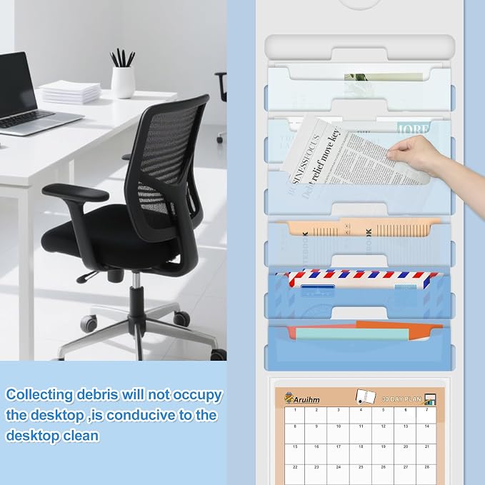Wall File Organizer 6 Pocket, Hanging Wall File Organiser for Classrooms and Offices, 6 Removable Poly Hanging File Folders