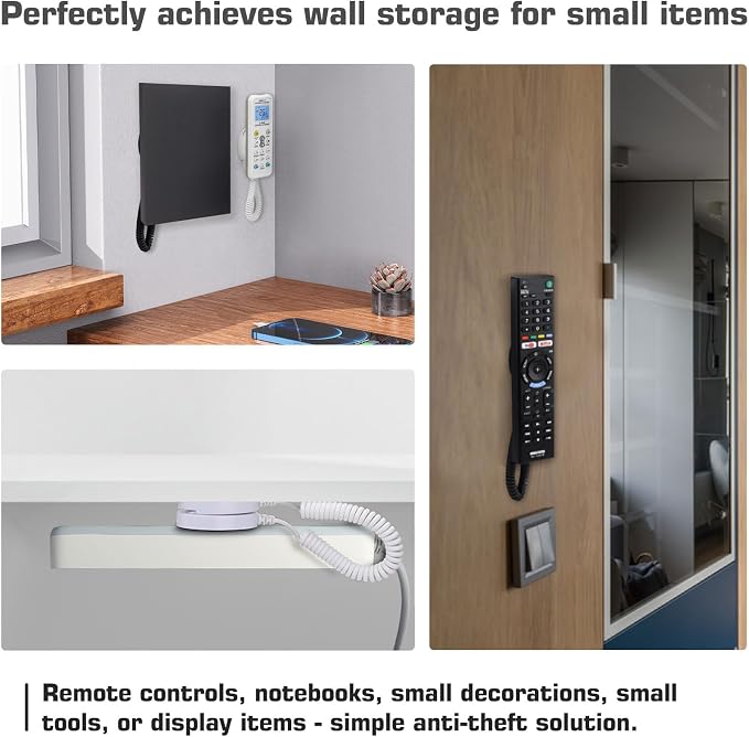WALLFID 4-Pack Magnetic Remote Control Holders with Spring Ropes - Safely Secure Remotes & Small Items, Wall-Mount with Adhesive, Anti-Loss, Rapid Adsorption, Extendable Spring (Black 70 inch，4 Pack)
