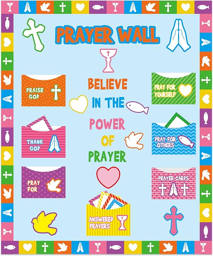 Geelin 184 Pcs Prayer Wall Bulletin Board Set Cork Board Religious Decor Rainbow Christian Bulletin Board Sets Sunday School Decorations for Classroom School Church Home Blackboard Chalkboard Wall