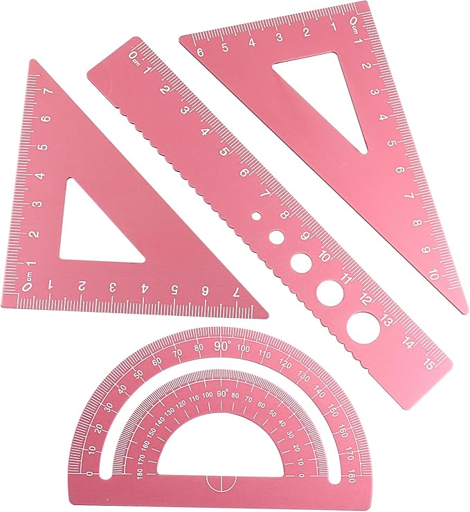 4 Pcs Triangular Ruler Set, Aluminum Alloy Geometry Tools, Metal Drafting Ruler for Students, Draftsmen, Engineers, School Office Supplies with Protractor & Metric Scales (Pink)