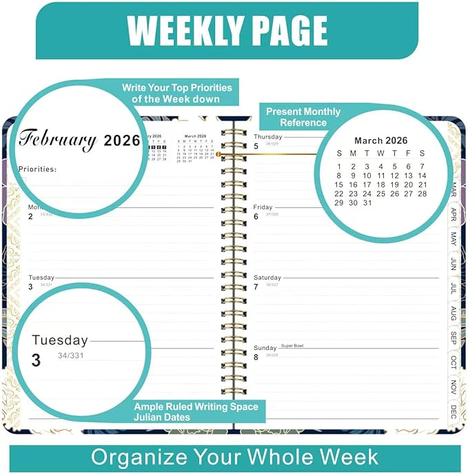 2026 Planner Weekly and Monthly Agenda Notebook, 6" X 8" Spiral Hardcover Daily Planner Calendar with Tab, Bookmarker, Elastic Band and Back Pocket, Office Supplies for Women Blue Floarl