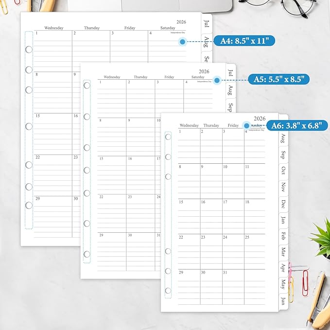 2026-2027 Monthly Planner Refill, A5 Medium Size Planner Inserts for 7 Ring, 5.5" x 8.5", Jul. 2026 - Dec. 2027, 18 Monthly Calendars with Laminated Tabs, 7-Hole Punched