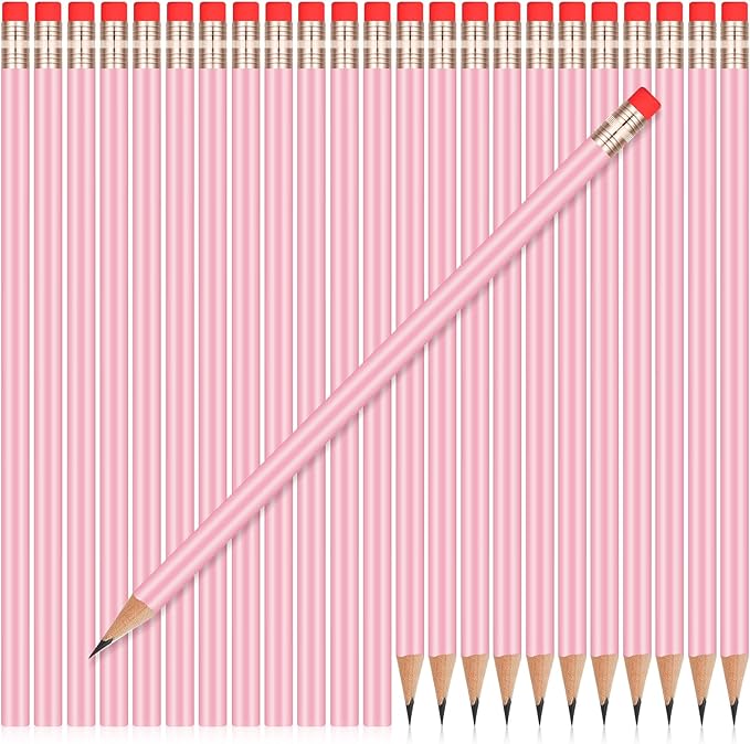 Outus 24 Pieces Round Pencils Cute HB Graphite Wood Pencils Pack with Eraser for School Drawing Sketching Wedding Office Supplies (Light Pink)