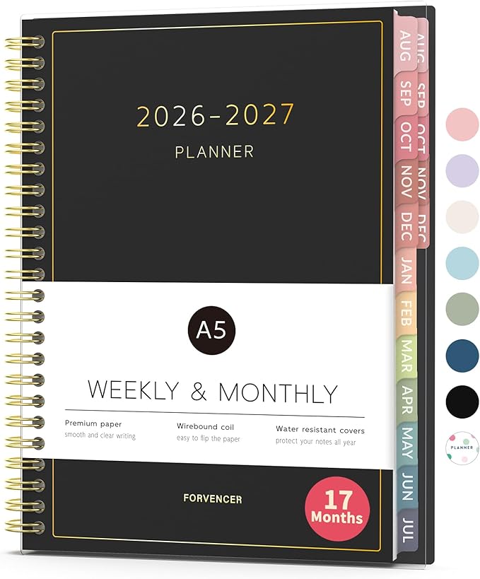 Aug 2026 - Dec 2027 Planner, Forvencer 17 Month Academic Planner 2026-2027, 6.3" x 8.4", Calendar Planner Weekly and Monthly, Daily Agenda Book, College School Supplies for Student Teacher, A5, Black
