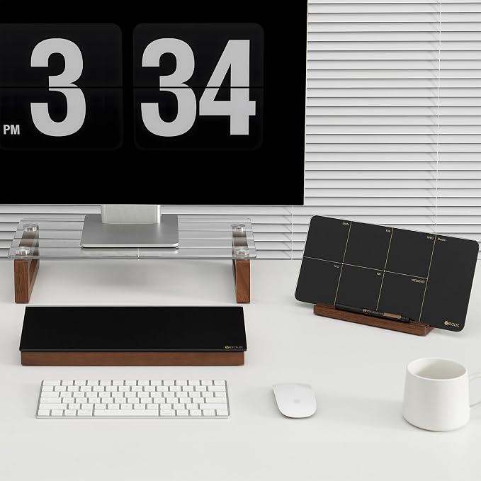Desktop Black Glass Dry Erase Board with Wood Organizers for Small Office Supplies, Desk Whiteboard with Drawer for Home Office Cubicle, Accessories Included, Yeoux | Build With Soild Walnut Wood & Tempered Glass, Small Office Supplies Storage, For Hom...