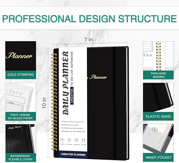 Daily Planner Undated, To-Do List Notebook with Hourly Schedule, Spiral Appointment Organizer Calendar for Man / Women, Flexible Cover, Twin-Wire Binding Elastic Closure, Pocket Pen Loop, 160 Pages