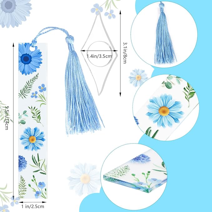 8 Pieces Flower Acrylic Bookmarks with Colorful Tassels Floral Transparent Acrylic Bookmarks Book Page Marker for Women, Teacher, Student, Kids, Book Lovers Reader, Writer, Student