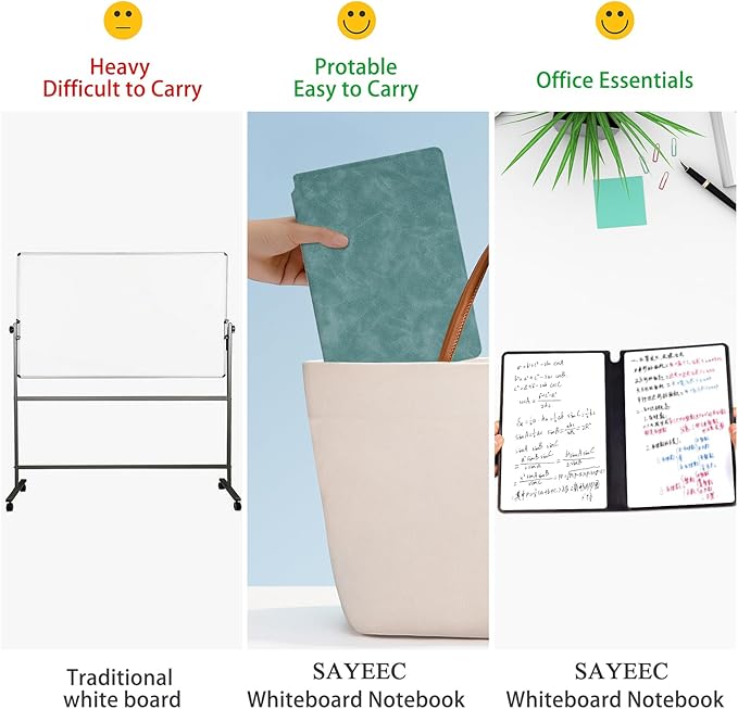 SAYEEC Whiteboard Notebook, Portable Dry Erase Board Fineliner Pens, PU Cover Erasable Handheld White Board Reusable Drawing Notebook Easel Pad for Meeting Business Office School (Blue)