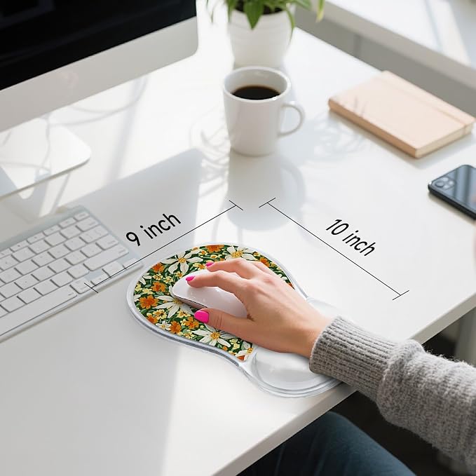 AUPET Ergonomic Mouse Pad with Gel Wrist Support – Non-Slip Mouse Mat with Comfortable Memory Gel Cushion – Relieves Wrist Pain – Designer Pattern for Home Office & Gaming (Sunny Daisy Patch)