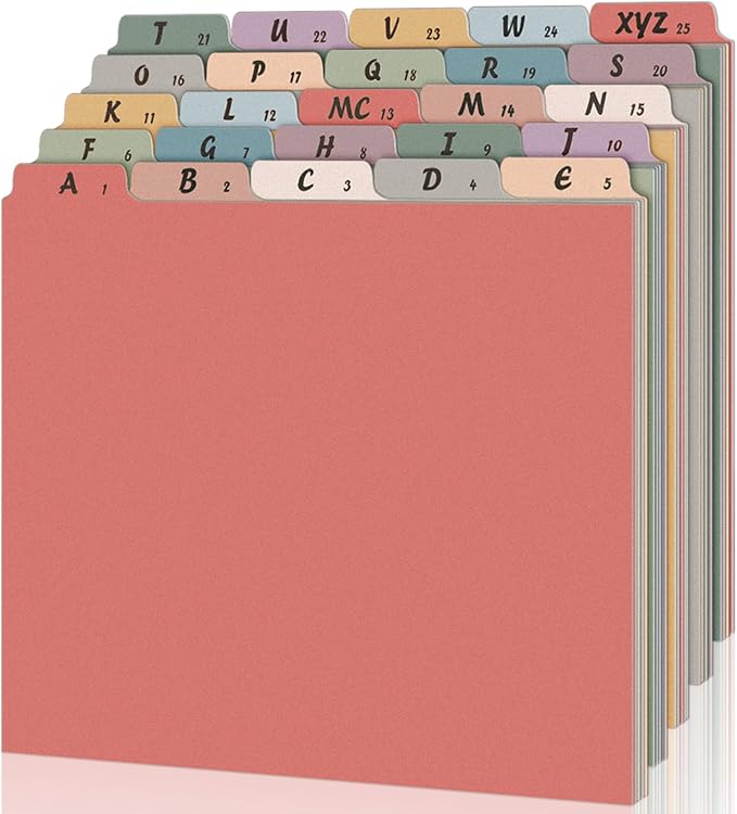 1 Set 25 Pack Alphabet File Dividers Letter Size, 1/5 Cut Tab A-z File Guides Number Folder Organizer for Filing Cabinet and Desk Home Office School(Retro Color)