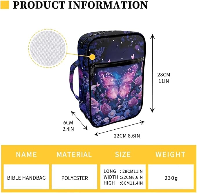 Suobstales Butterfly Rose Daisy Flower Print Bible Covers for Women Men Lightweight Bible Bag Bible Accessories with Handle and Zippered Pocket Bible Tote Bag for Kids