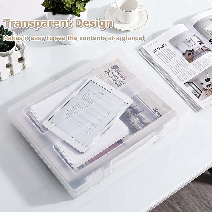 SAYEEC Portable Project Case Plastic File Storage Box with Handle Transparent Scrapbook Container for 8.5"x11" Letter A4 Paper Magazine Book Protector Travel Carrying Case for Photo Art Craft Office