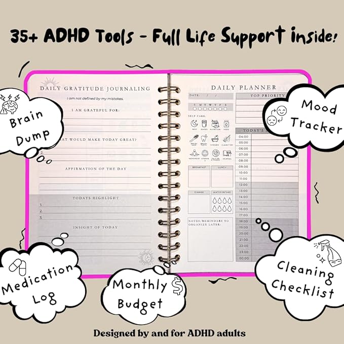 ADHD Planner for Adults – 90-Day All-in-One ADHD Life Kit & Neurodivergent Toolkit, Daily Planner with 35+ Support Tools, Brain Dump, Mood & Gratitude Tracking, Linen Cover, Gold Spiral, 256 Pages