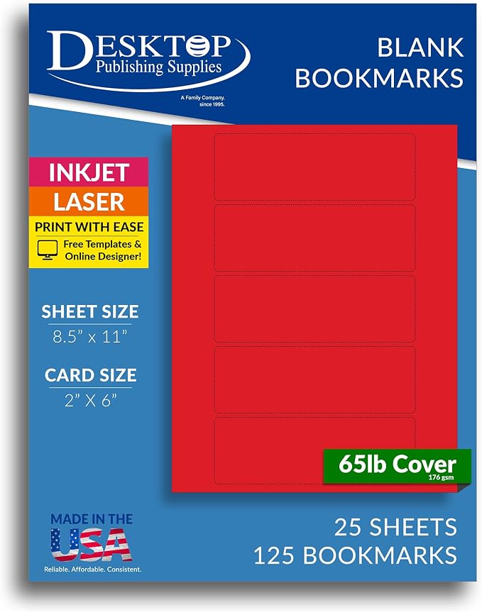 Printable Bookmarks - Blank Bookmark Printing Paper for Inkjet & Laser Printers - 2" x 6" Perforated Bookmarks 5 per Page - 25 Sheets / 125 Book Marks (Holiday Red)