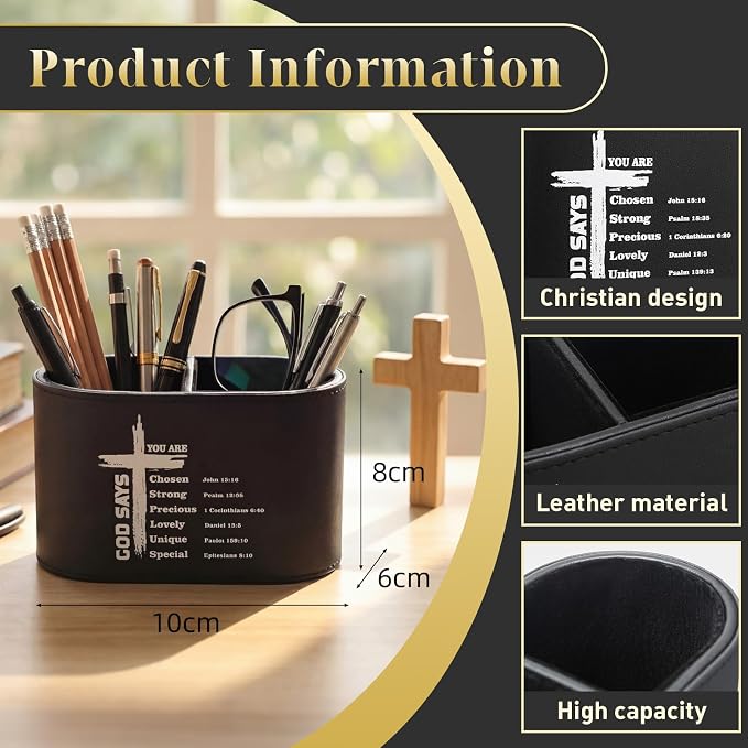 Dunzoom Gift for Father's Day Christian PU Leather Pen Holder for Desk, Bible Verse Pencil Cup Organizer, Religious Gift for Men, Pastor, Dad, Office Decor(God Says You Are Chosen)