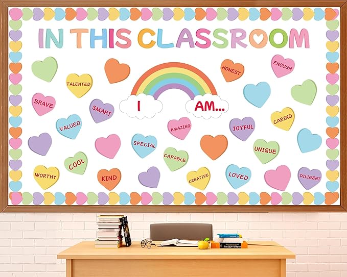 Spring April Bulletin Board Decoration Set Motivational Affirmation Station Classroom Decorations Inspirational Rainbow Heart Paper Cutouts for Kids Back to School Chalkboard Wall Door Decor