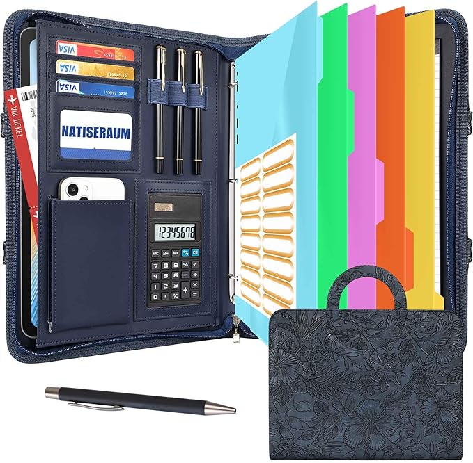 Portfolio Binder 3 Ring Includes Pen and 5 Dividers with 10 Pockets, Padfolio Organizer with Magnetic Handle for Men and Women, Includes A4 Notepad for Business, School, Work