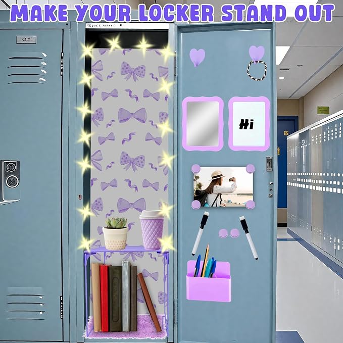 16 Pcs Locker Accessories Kit Purple Locker Organizer Decorations Include Bow Wallpaper String Light Magnetic Whiteboard Mirror Storage Cup Marker Rug Organizing Shelf for Back to School Supply